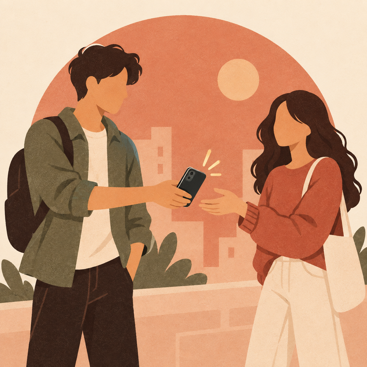 An illustrated couple passing a phone between them